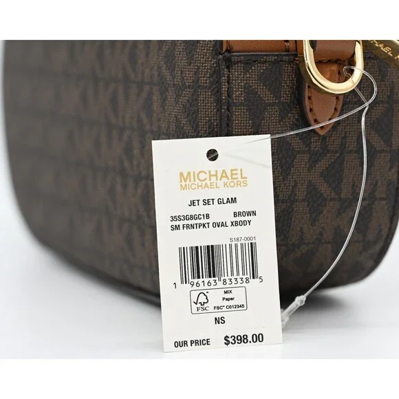 MICHAEL KORS JET SET GLAM Small Front Pocket Oval Crossbody Logo Canvas NWT $398